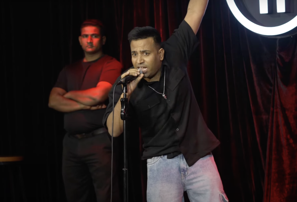 Puneet Superstar on stage at India’s Got Latent, Episode 09, sharing jokes with Deepak Kalal at The Habitat, Mumbai.
